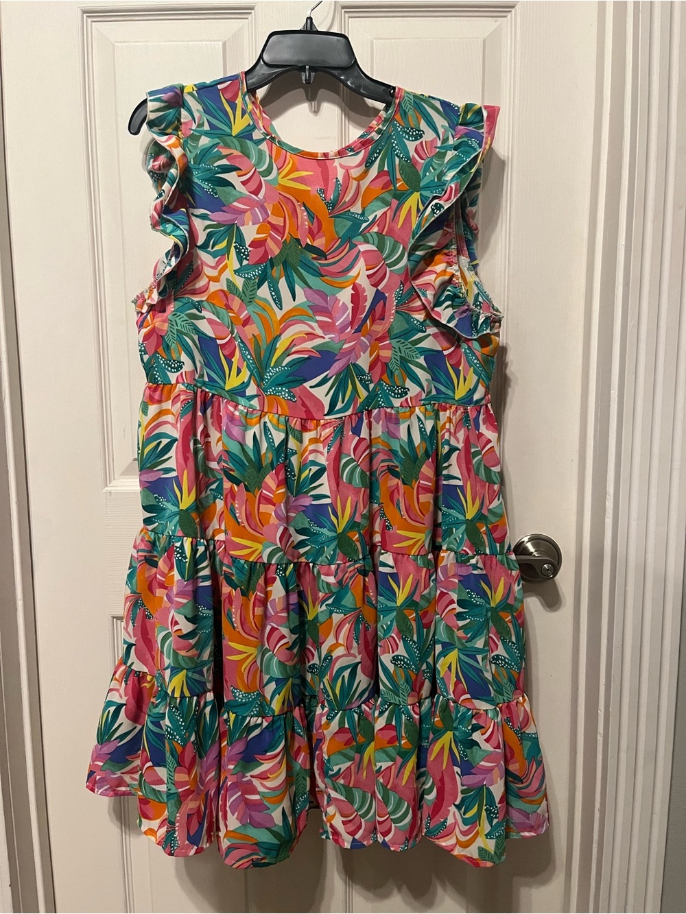 SHEIN Tropical Ruffle Tiered Dress in Pink, Green & Yellow